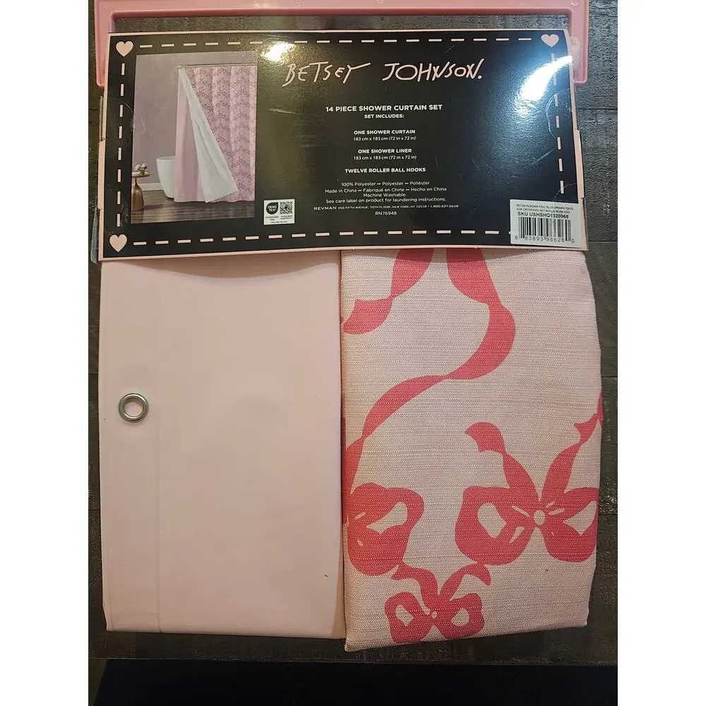 Betsey Johnson 14 piece shower curtain set pink with bows ribbons NWT liner
